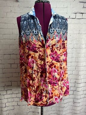 By Anthropologie button down tank pink and blue floral scarf print